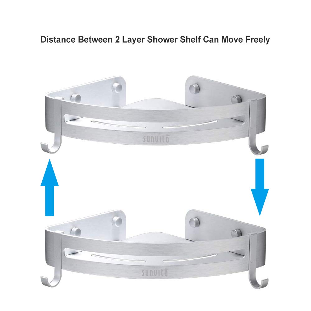 Mensole doccia, Sunvito Mensole Bagno Angolare Senza Foratura, Lega di Alluminio Anti-Ruggine con 2 Piani, Montato A Muro, Mensole per Doccia Bagno Cucina