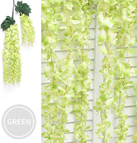 12pcs Artificial Wisteria Flowers 3.6 Feet/Piece Green Artificial Fake Wisteria Vine Ratta Hanging Garland Silk Flowers String Home Party Wedding Decor（Green-Dense）