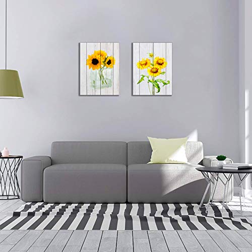 Yellow Flower Wall Decor for Living Room 12×16 Inches 2 Panels Framed Sunflowers Canvas Wall Art Golden Floral Prints Artwork Botanical Grey Wood Bedroom Wall Decoration Painting Decorative Beige Wall Picture