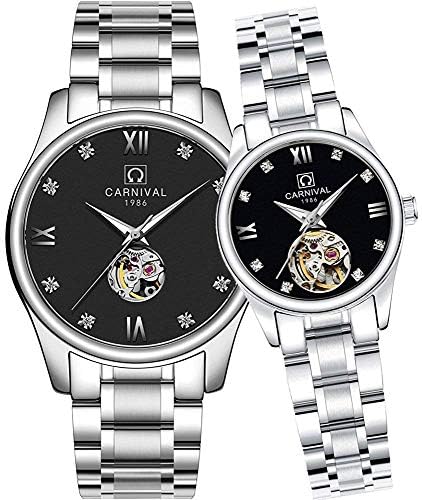 Carnival Automatic Mechanical Watch Multi-Function Stainless Steel Couple Watch Men and Women Set 2 Sets (Silver Black)