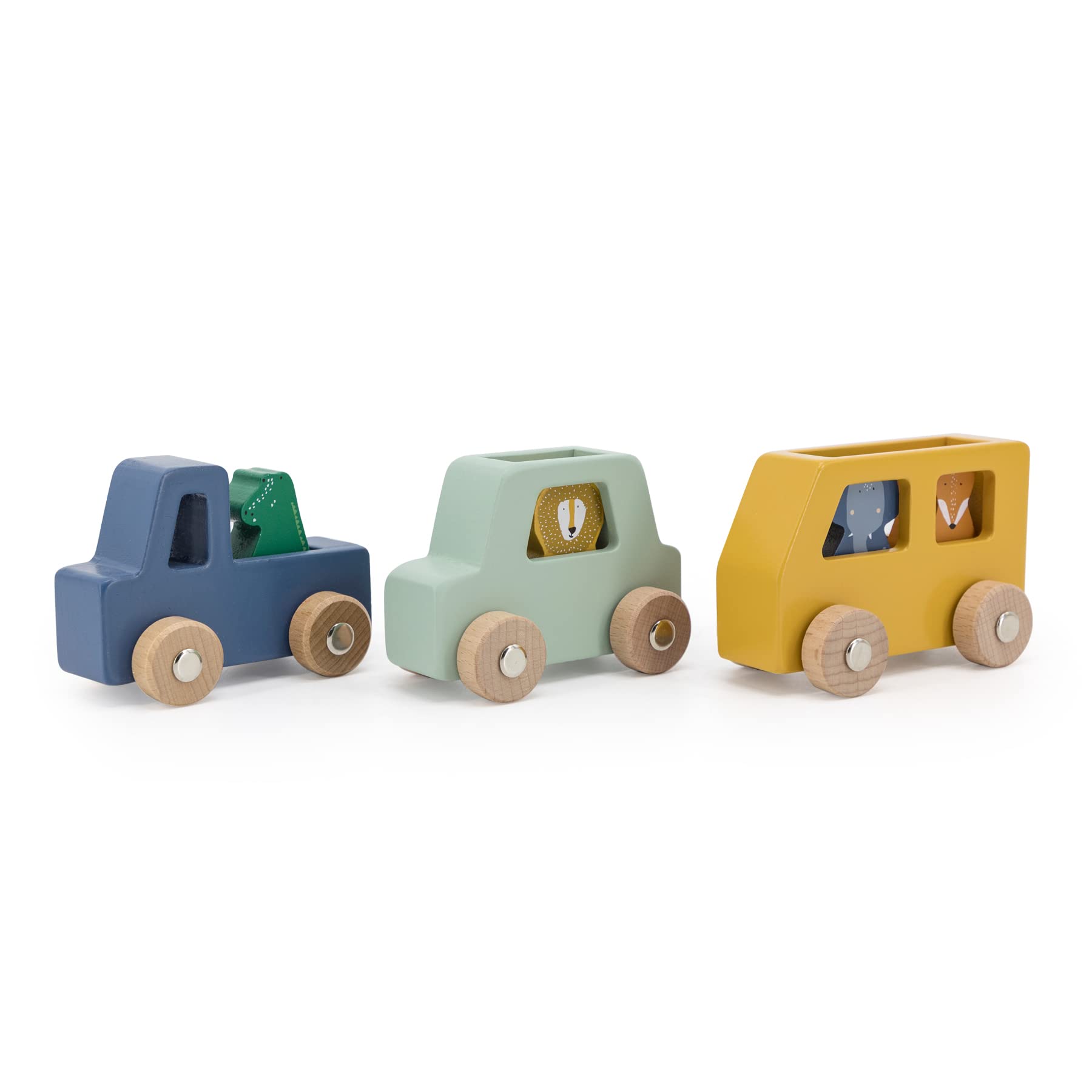 Trixie Wooden Animal Car Set – 3 Wooden Toy Cars with 4 Animal Figures – Montessori-Inspired Toddler Toy for Imaginative Play – Eco-Friendly, Non-Toxic – Ages 18 Months+