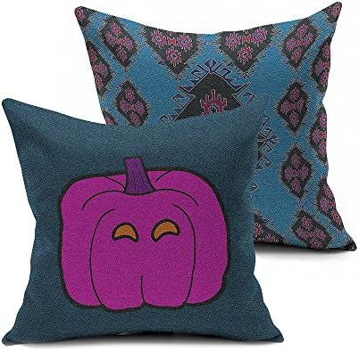 Navy Blue Kilim Pattern Morocco Pillow Covers,Boho Turkish Tribal Throw Pillows for Sofa,2 Side Printed Halloween Pumpkin Lights Decorative Pillows for Couch,Geometric Pillow Case