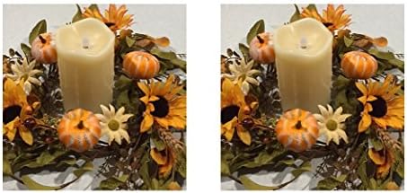 Harvest Hollows Fall Candle Ring Set Of 2 Handmade Small Autumn Wreaths Artificial Sunflowers Daisies Pumpkins Berries Wheat Fall Leaves