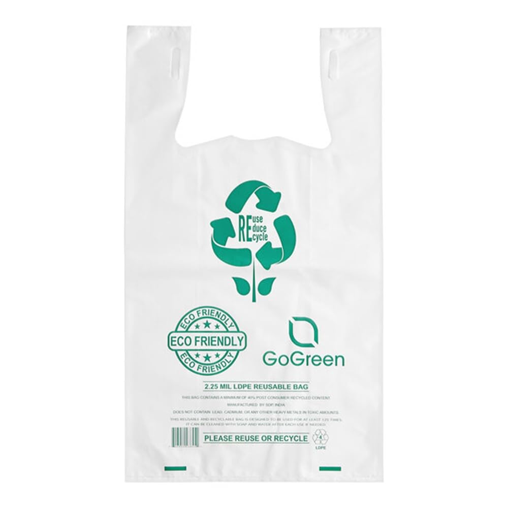 Photo 1 of 100 Count Biodegradable & Reusable T-Shirt Bags with Handles — Extra Heavy Duty 57 Micron (2.25 mil) White Shopping, Retail, Food Trucks & Restaurant Bags, 11.5" x 6.5" x 21" Eco Friendly