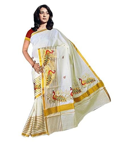 Women's Kasavu Cotton Saree With Running Blouse Piece (RSV FABRICS_White)