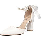 jiewmqci Women's Pearl White Wedding Shoes Bridal White Heels Pointed Toe Dress Prom Banquet Shoes Thick Heel Sandals