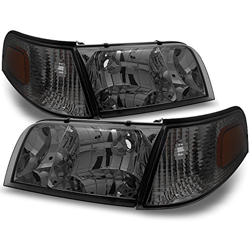For Ford Crown Victoria Smoke Replacement Headlights W/Corner Lamps 4pc Left + Right Pair Set