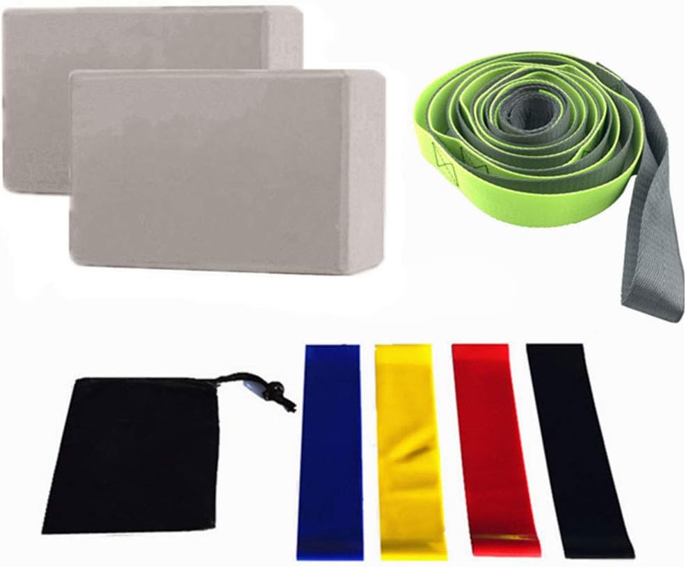 GreceYou 9-in-1 Yoga Set, 1 Yoga Strap with 12 Loops, 2 EVA Foam Soft Non-Slip Yoga Blocks 3x6x9 inches, 4 Resistance Bands, 1 Storage Bag for Yoga, Pilates, Stretching and Toning Workouts