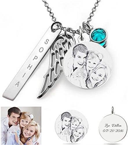 Personalized Silver Photo Engraved Necklace Custom Name Text Back-Engraving With Birthstone (silver 18"(45cm)-Adult)