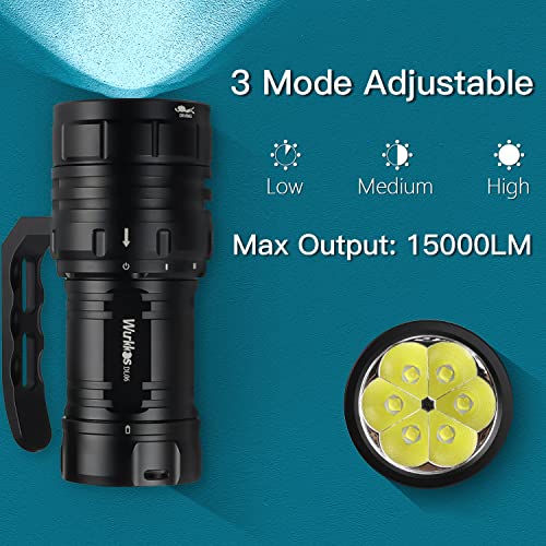 Wurkkos DL06 15000 Lumens Rechargeable Diving Light 6 LED XHP50.2 Powerful Underwater Flashlight with Charger Built-in USB-C Charging Port, 3 x 5000mAh Power Supply