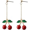 MUZHE Gold Plated Green Leaf Red Cherry Earrings for Women Sweety Fruit Dangle Earring for Her