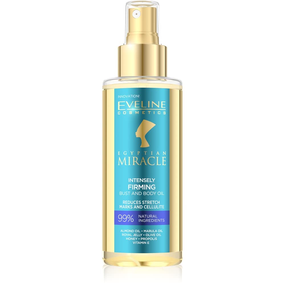 Eveline Cosmetics Egyptian Miracle Intensive Firming Body & Bust Oil - Egyptian Firming Oil with Almond, Marula & Olive Oils, Honey, Propolis & Vitamin E - 99% Natural Ingredients - Vegan, 150ml