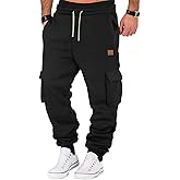 A WATERWANG Men's Fleece Cargo Sweatpants Casual Cotton Tapered Drawstring Athletic Workout Joggers Sweat Pants with Pockets