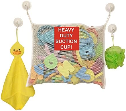 Bath Toy Organizer Storage Bag, Fast Drying Mesh Bag + 4 Heavy Duty Strong Hooked Suction Cups - Large, White, Mold Free