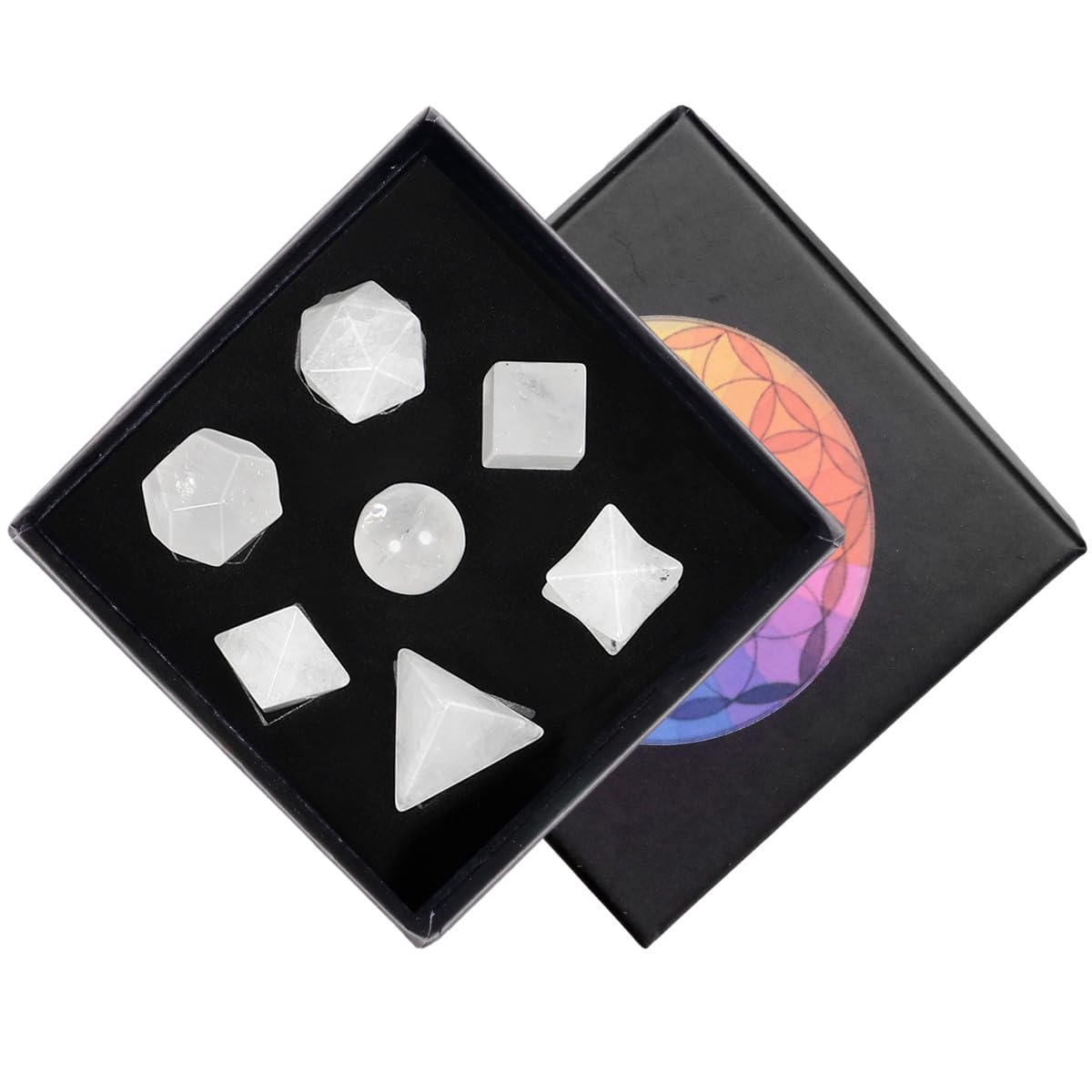 Nupuyai Rock Crystal Stone Platonic Solids Sacred Geometry Set, Merkaba Star Carved Stone Kit for Reiki Healing Home Decor