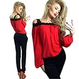 Sunward(TM) Women Sexy Off Shoulder Long Sleeve Lace Chiffon Blouse (Large, Red)