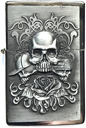 Hell Fire (Red Flame) Refillable Live to Ride Biker Emblem Torch Lighter with Unique Design Comes with Retro Style Wooden Charm as Free Gift (Rose Skull)