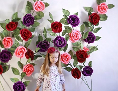 Giant paper flower display. Branches with leaves and roses. Alice in Wonderland photo prop. Garden party backdrop. Rustic wedding arch decor