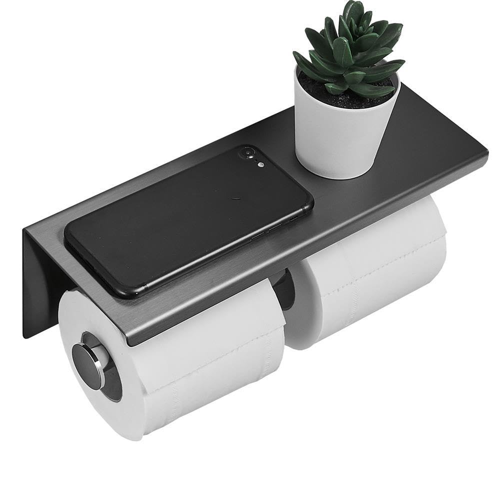 LSLANSOON Toilet Paper Holder with Phone Shelf Wall Mounted Stainless Steel for Bathroom (Double Roll-Black)