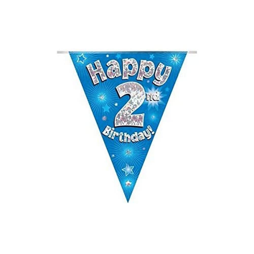 Party Bunting Happy 2nd Birthday Blue Holographic 11 flags 3.9m