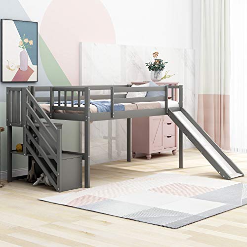 Kids Low Loft Bed with Slide and Storage Twin Loft Bed Frame with