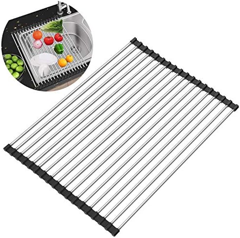 Roll up Dish Drainer, Fujiway Stainless Steel Dish Dryer Rack Over The Sink Strainer Kitchen Draining Board Fruit Colander,Multi-Purpose, Heat Resistant