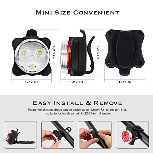 USB Rechargeable Bike Light Set, Super Bright Front Headlight and Rear LED Bicycle Light, 4 Light Mode Options, Water Resistant IPX4(2 USB Cables and 2 Strap Included)
