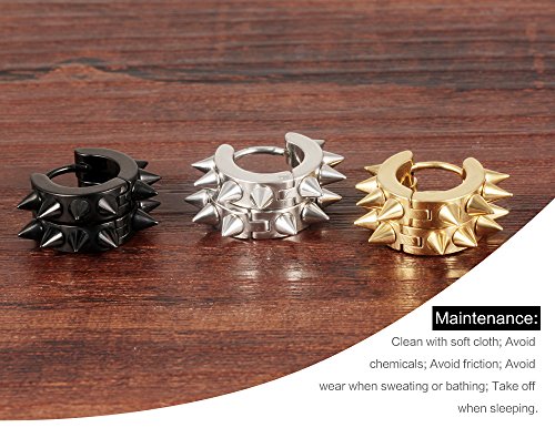 Mintik 3Pairs Silver Gold Black Rivets Hoop Earrings Stainless Steel Spikes Awl Piercing Taper Huggie Hinged Earrings Set