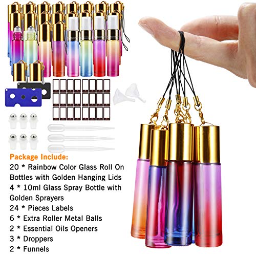 Essential Oil Roller Bottlesï¼Œ24 Pack 10ml Rainbow Color Roller Bottles for Essential Oils with Stainless Steel Roller Balls and Glass Spray Bottle (3 Droppers,2 Funnels,6 Extra Roller Balls,24 label