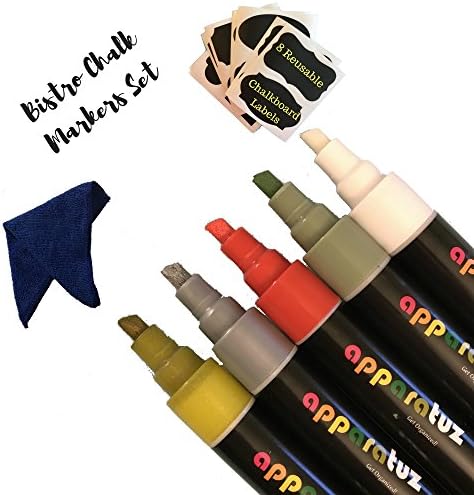 Christmas Markers, Holiday Chalk Markers, Bistro Chalkboard Pen Set includes 5 Reversible Washable Liquid Chalk Pen, White Red Green Metallic Gold Silver, 8 Erasable Labels & 1 Eraser Cloth For Kids