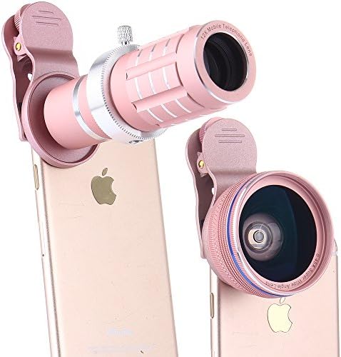 Camera Lens Kit,WMTGUBU Universal HD Clip On Cell Phone 4 in 1 Telephoto Lens,Fisheye Lens,Macro,Wide Angle Lens,Aluminum Tripod,Phone Holder for iPhone Samsung HTC Tablet Andriod Phone (Rosegold)