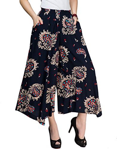 Womens Comfy Elastic Waist Cotton&amp;Linen Floral Culottes Wide Leg Pants Color 12 Size L