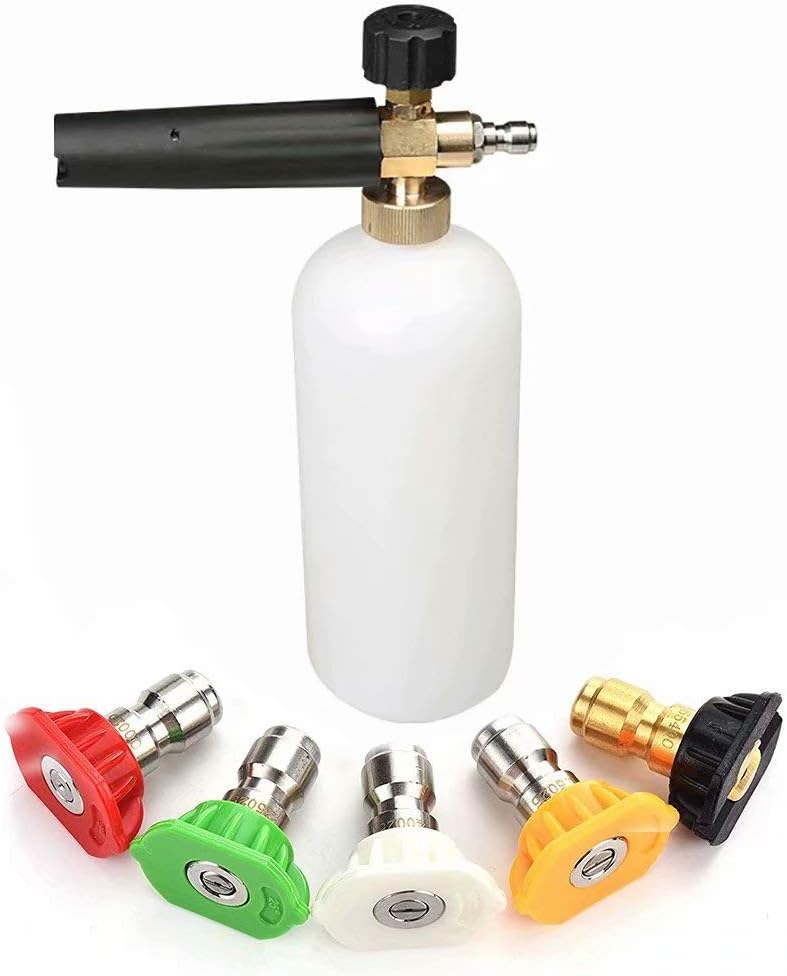 Jepttie Foam Cannon, 1L Bottle Snow Foam Lance with 1/4 inch Quick Connector, 5 Spray Nozzle Tips for Pressure Wash
