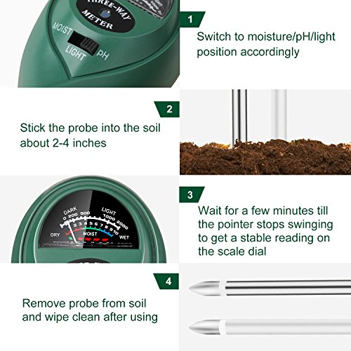 Jellas Soil Test Kit - 3 in 1 Soil pH Meter Tester Plant Moisture Sensor Meter/Light / pH Tester for Home, Garden, Lawn, Farm Promote Plants Healthy Growth - Green
