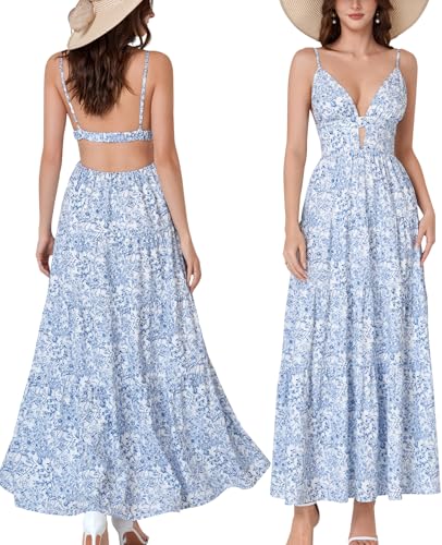 GLNEGE Summer Floral Wedding Guest Maxi Dress Spaghetti Straps V Neck Flowy Beach Dresses Cutout Vacation Sundress for Women Bluefloral at Amazon