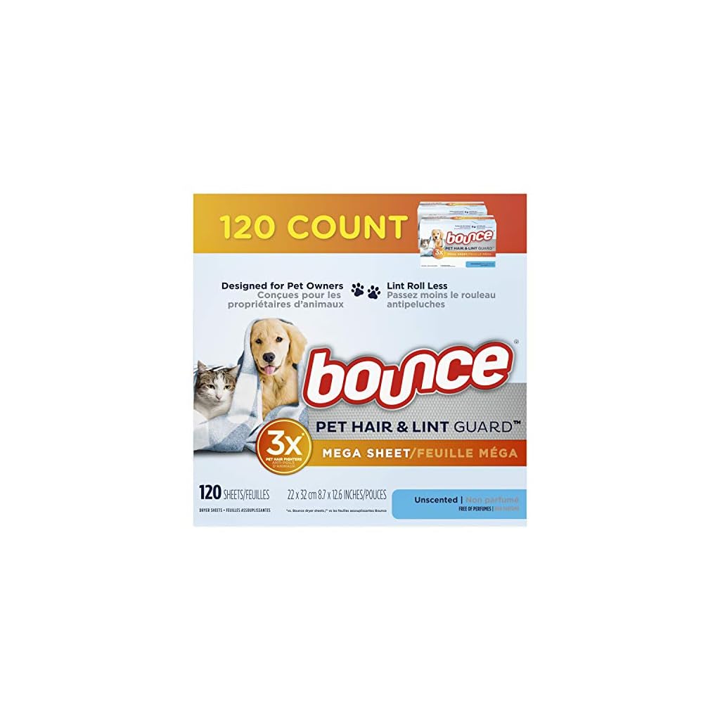 Bounce Pet Hair and Lint Guard Mega Dryer Sheets for Laundry, Fabric