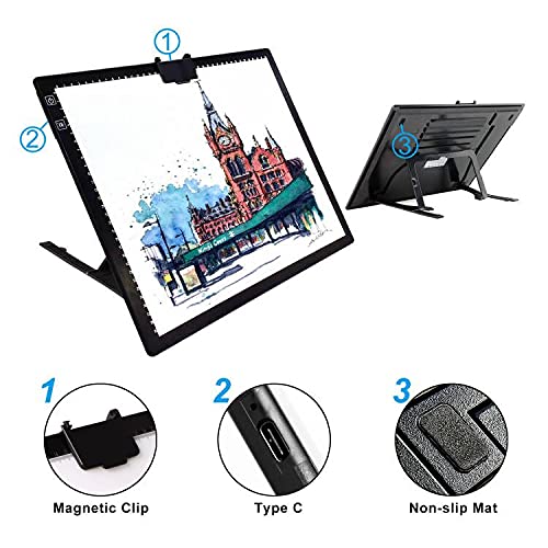 A3 Light Pad, Rechargeable Light Board for Diamond Painting, Tracing Light Box with Stand and Clip, Light Table Lightbox for Tracing, Drawing