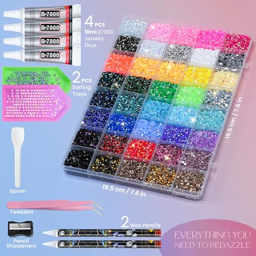 Lotwow 50000Pcs Bedazzling Kit with Rhinestones 3mm, 40 Colors Bedazzler Kit Resin Rhinestones Nail Gems & Glitter Gem Art Supplies, Diamond Art Kits Accessories with Pickup Pen, 4pcs 10ml B7000 Glue