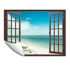 Wall Murals for Bedroom Fake Window Beach Brown Window Removable Wallpaper Peel and Stick Wall Stickers - 24x32 inches