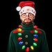 Blinking Light-up Plush Red Santa Hat + LED Christmas Bulb Necklace Kit for Ugly Sweater Xmas Holiday Party