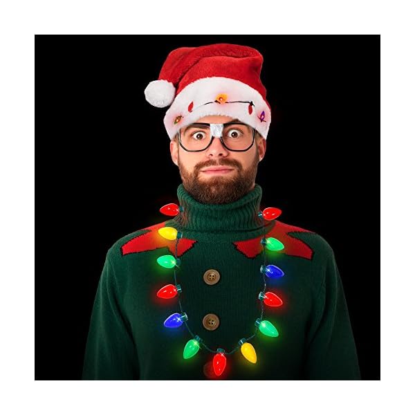 Blinking Light-up Plush Red Santa Hat + LED Christmas Bulb Necklace Kit for Ugly Sweater Xmas Holiday Party - Image 5