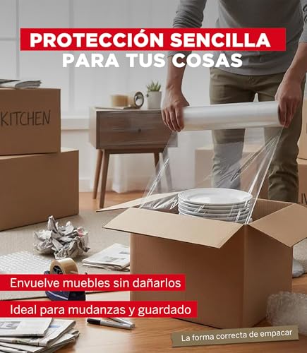 YUREX Emplaye Rollo Calibre 80 que Rinde Más con Menos Vueltas 18 pulgadas x800 pies para Empaque y Embalaje Protege Muebles Pallets en Mudanzas y Almacenaje sin Dejar Residuos Manual y Transparente