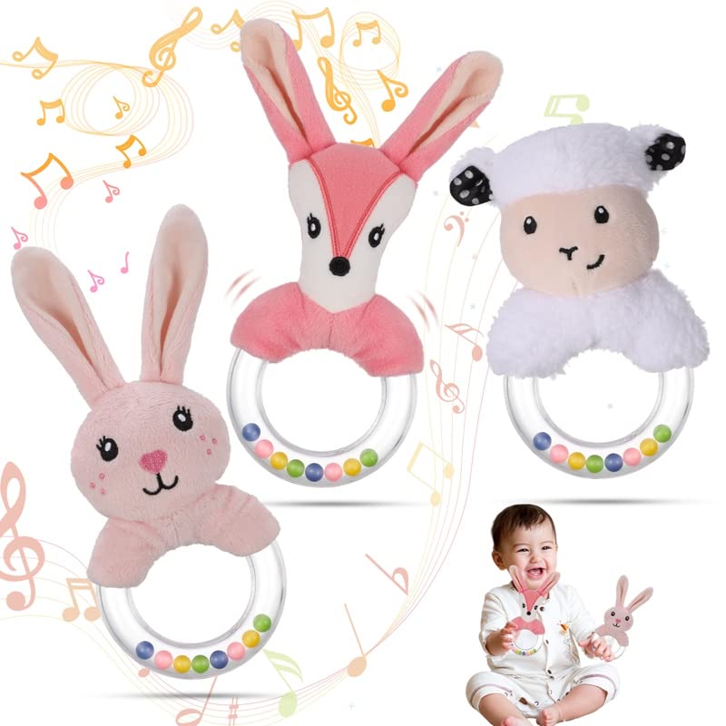 RIUSATE 3Pcs Baby Soft Rattle Sensory Toys, Newborn Baby Rattle Stuffed Animals Hand Grip forToddler 0-12 Months Infant Boys Girls Shower Gift