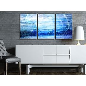 3 Piece Canvas Wall Art - Abstract Blue Artwork - Modern Home Art Stretched and Framed Ready to Hang - 16"x24"x3 Panels