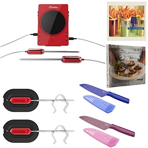 GrillEye GE0001 Smart Bluetooth Grilling & Smoking Thermometer (Red) Includes Two GrillEye GE0002 Professional Meat Temperature Probes and Ambient Clips, 2 Small Knives and 2 Cookbooks