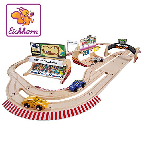 Eichhorn 109475855 - Schienenbahn Set Porsche Racing, 53-TLG., inkl. Zubehör, Streckenlänge: 610cm, FSC 100% Zertifiziertes Buchenholz