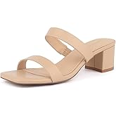 Lookyno Women's Heeled Sandals Two Strap Square Open Toe Low Block Chunky Heels Sandals Dress Shoes Comfortable
