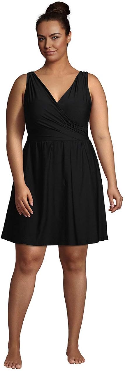Lands' End Women's Plus Size DDD-Cup Chlorine Resistant Tummy Control Surplice Wrap Swim Dress 
