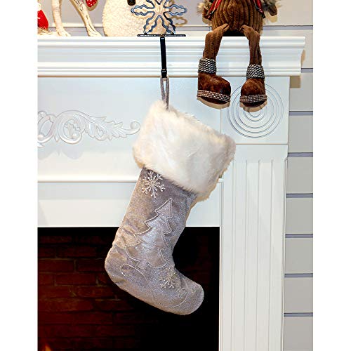Silver Velvet Christmas Stockings - 3-Pack of 20 inch Velvet Holiday Stockings with Festive Christmas Tree Applique and Beaded Snowflake Embroidery