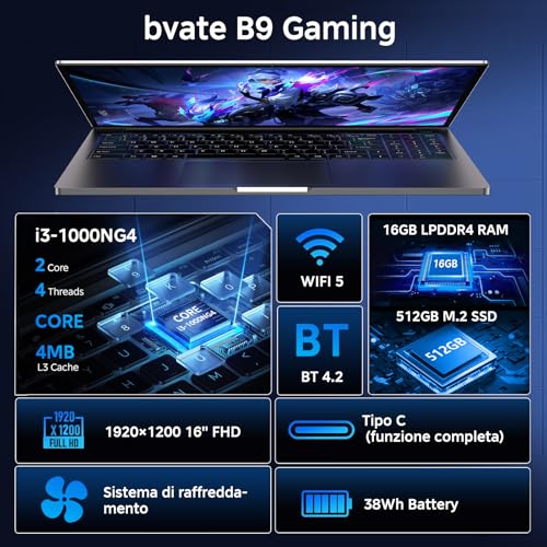 bvate Laptop Gaming 16 GB RAM 512 GB 1TB SSD Expansion Core i3 (up to 3.2 GHz) Notebook 16 Inch Laptop 1920 x 1200 IPS UHD 5G WiFi with Mouse & Keyboard Stickers Italian-Grey | Schermo IPS 1920×1200 FHD+, CPU fino a 3,2GHz, 5G WiFi, Mouse e adesivi tastiera italiana inclusi
